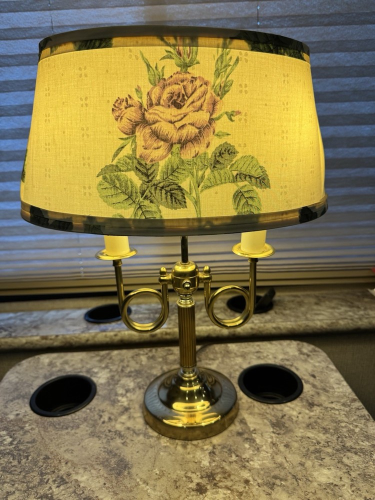 Vintage 2 Arm Brass Plated French Horn Style Bouillotte Table Lamp with Shade