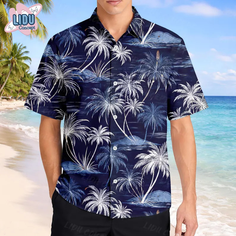 Blue Palm Tree Aloha Leaf Hawaiian Shirt