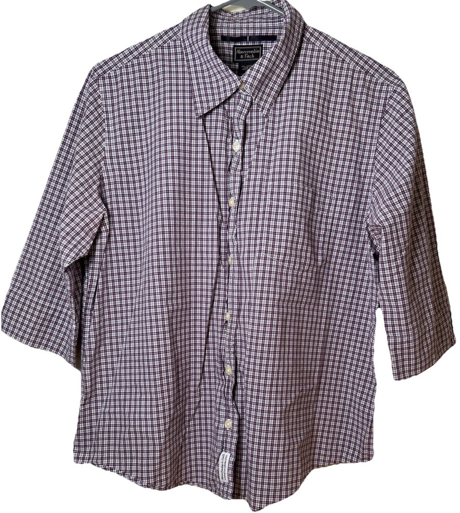 Abercrombie Fitch Large  Purple White Green Plaid Button Down Shirt 3/4 Sleeve