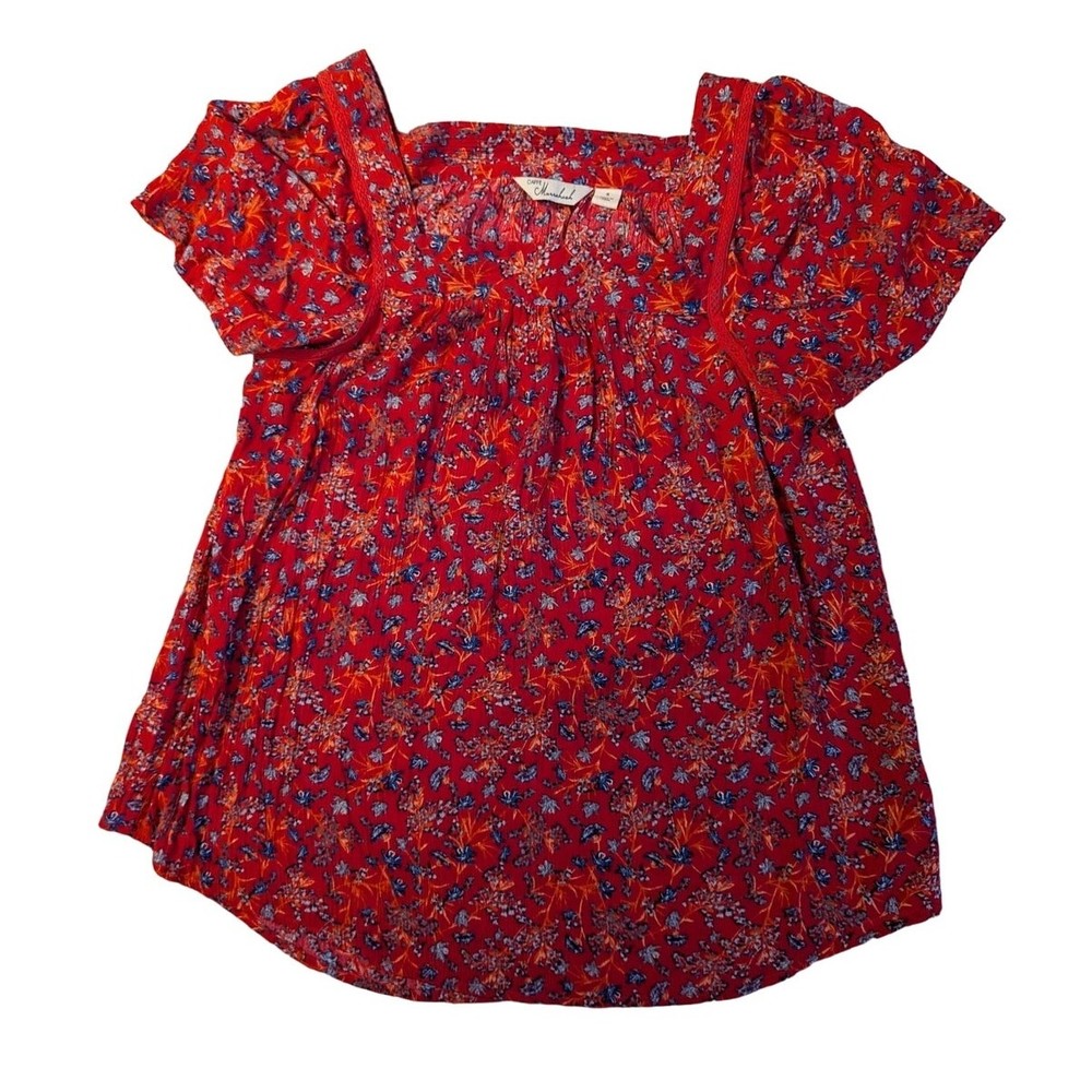 Boho Floral Peasant Blouse with Flutter Sleeves in Red Size Small