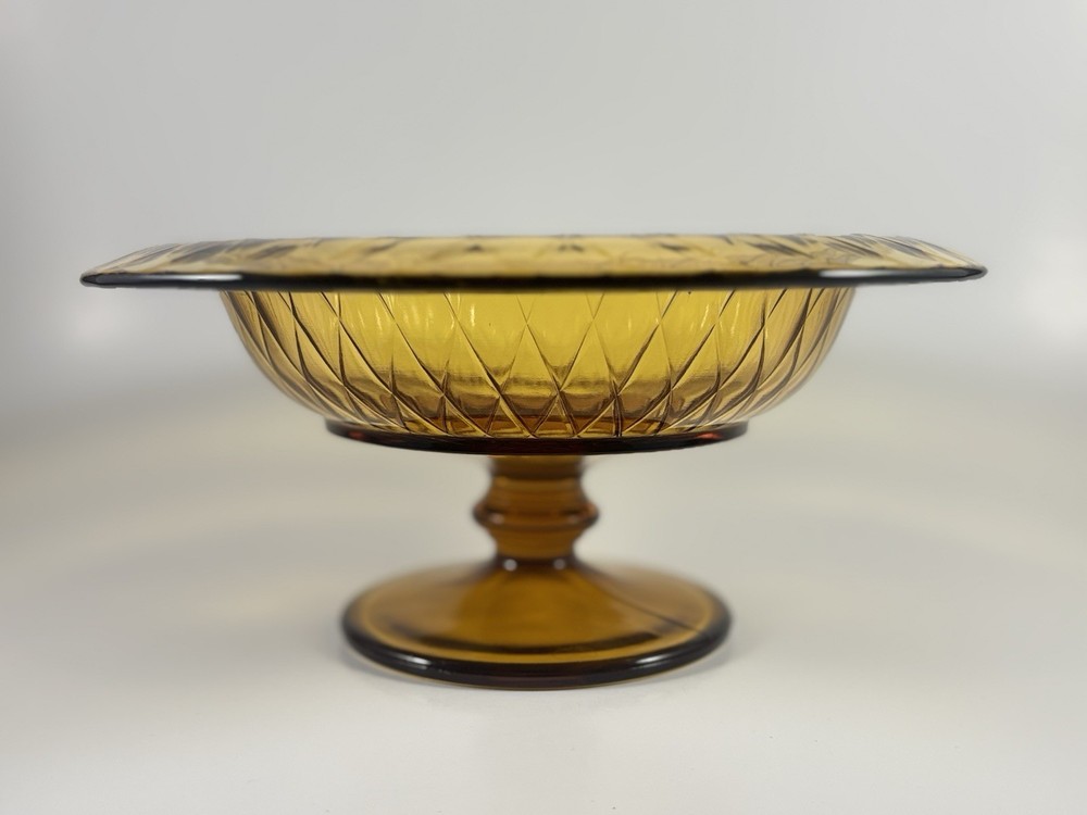 Vintage Amber Glass Pedestal Foot Compote Dish Retro MCM Diamond Quilt Pattern