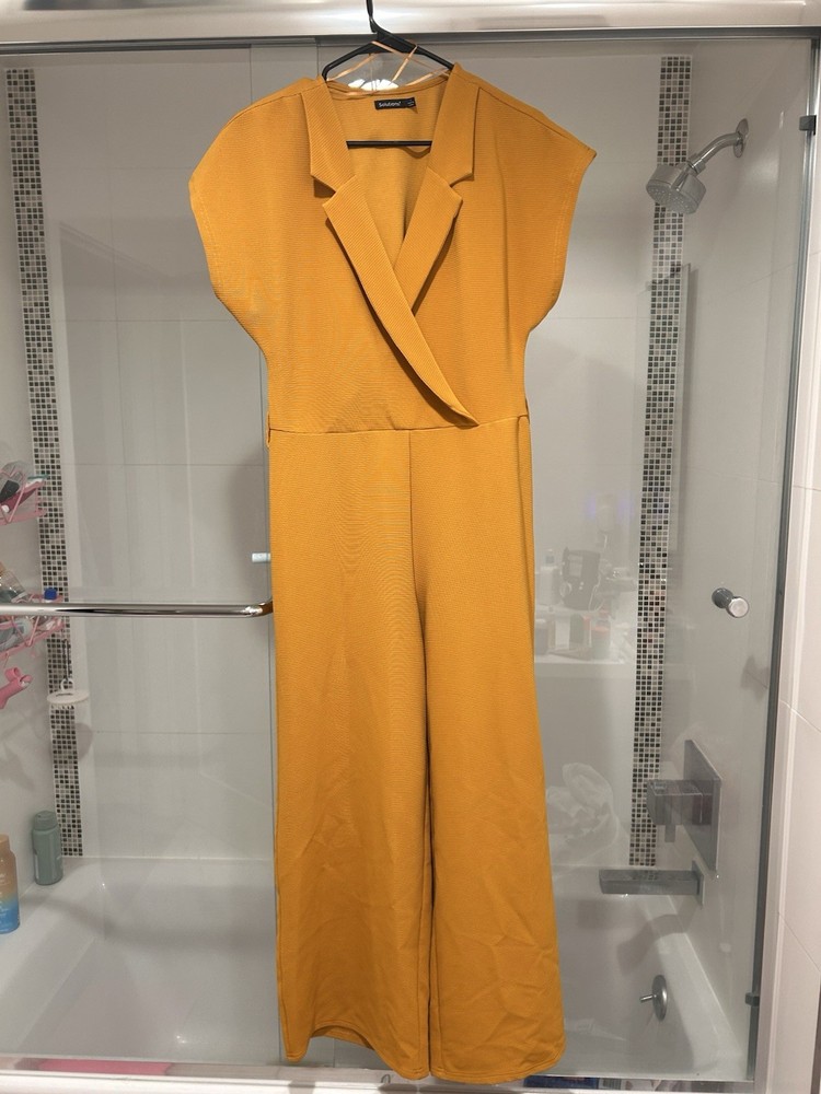 Solutions! Women's Mustard Yellow Jumpsuit With Collar Short Sleeves Size M
