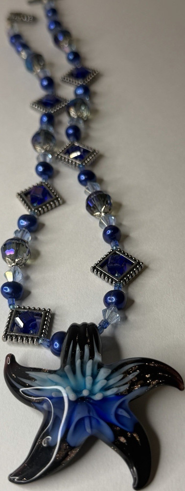 Handcrafted Glass Star Pendant Blue Black Beaded Necklace Nature Sea Life Charm