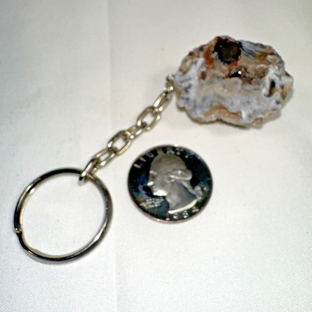 NEW Natural Oco Agate Geode Keychain Key Ring, Half Stone Rock Crystal Mineral