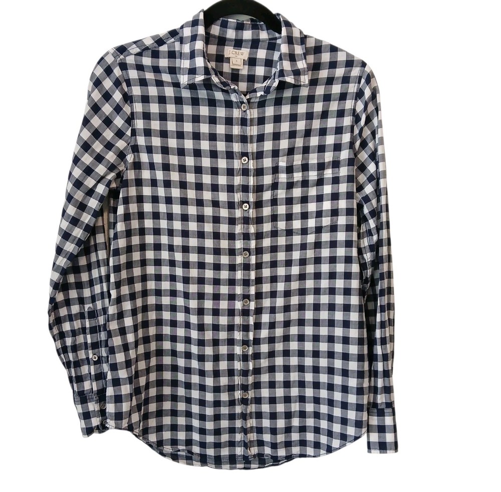 J Crew Factory Navy Blue Gingham Plaid Preppy Cotton Button-Up Shirt Women’s S