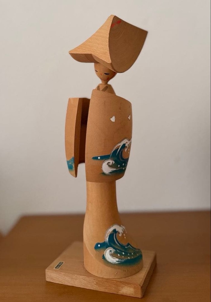 Awaji Island Creative Kokeshi Doll 27cm Great Wave Pattern Vintage