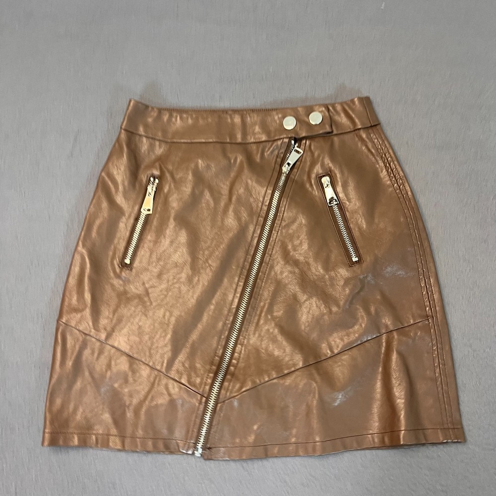 Kendall & Womens XS Mini SKirt Kylie Brown Faux Leather Moto Fashion Zipper