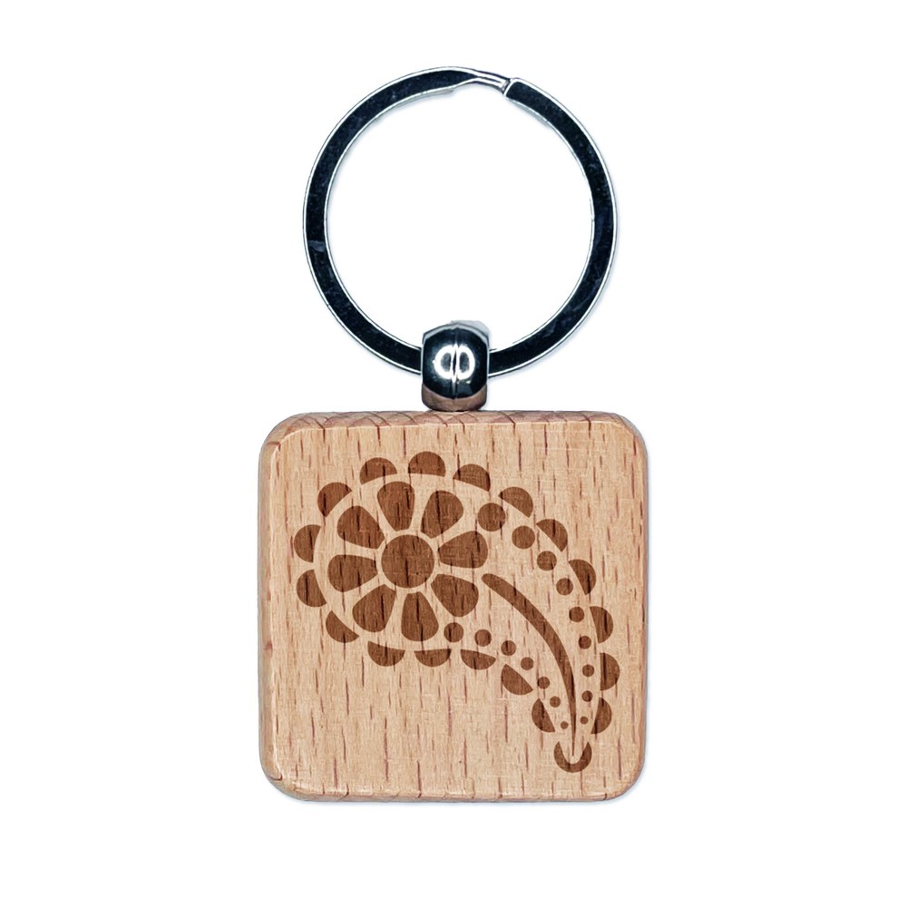 Cute Sweet Daisy Paisley Engraved Wood Square Keychain Tag Charm