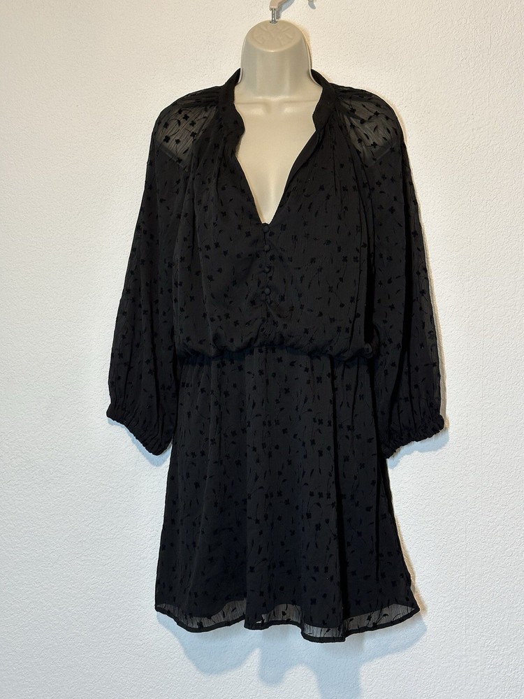 Zara Black Chiffon Long Sleeve Button-Up Dress Size M Goth Whimsy Semi-Sheer