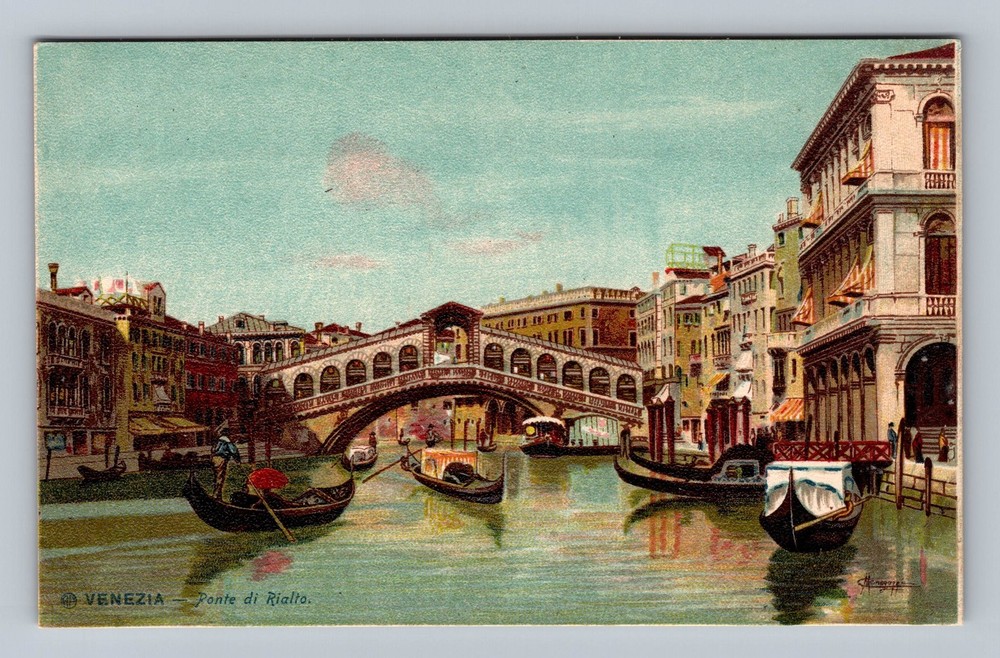 Italy- Venice Rialto Bridge Gondolas Souvenir Postal Old Card Vintage Postcard