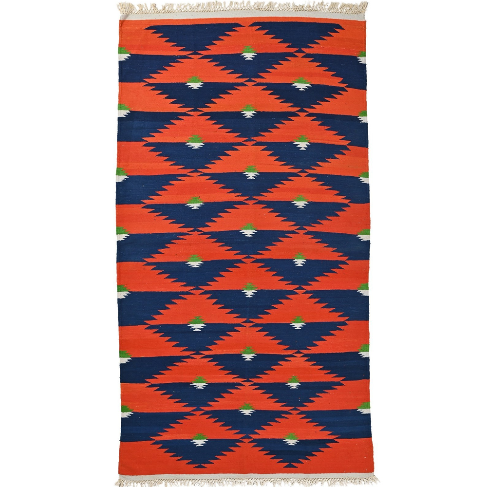 New Color Navy Blue, Orange, Green, Ivory Hand Knotted Cotton Dhurrie Kilim Rug