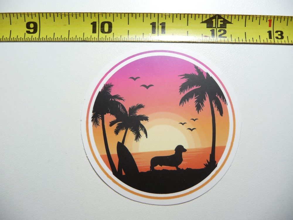 Dachshund Sunset Beach Surfboard Sticker with Palm Trees for Dog Lovers