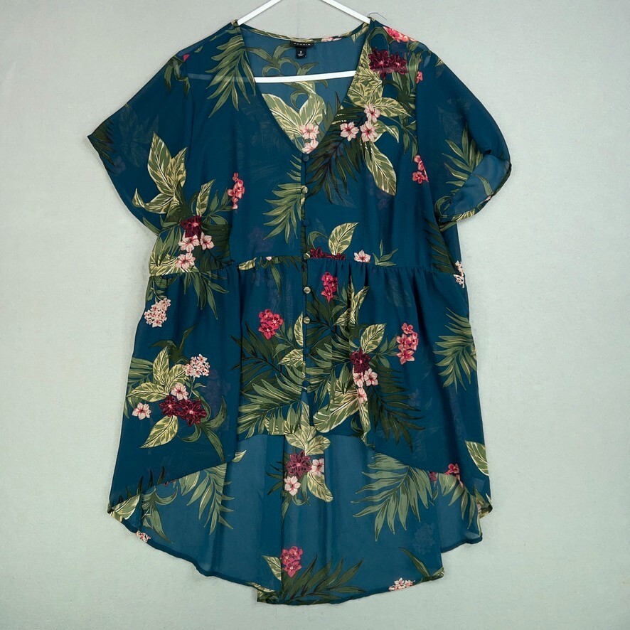 Torrid Shirt Womens 2 Blue Floral Babydoll Chiffon Button Front Tunic Top Resort