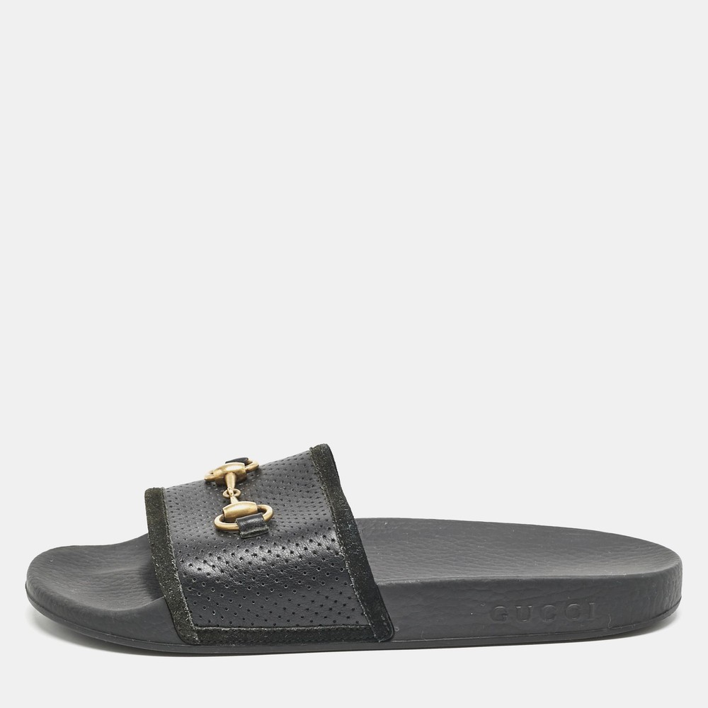 Gucci Black Leather Suede Horsebit Slide Sandals Size 39