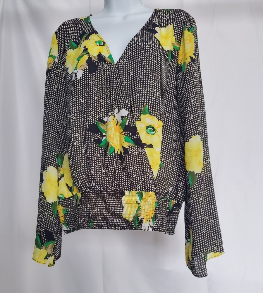 INC International Concepts Floral V-Neck Long Sleeve Blouse, Black/Yellow, L