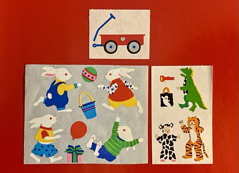 Vintage Mrs Grossman’s Stickers Playful Bunnies Kids Halloween Costume Red Wagon