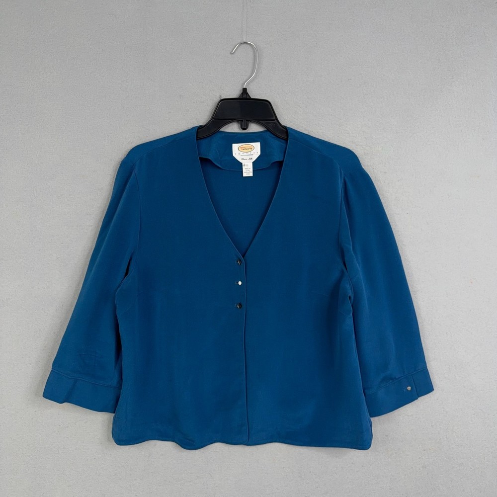 Talbots Blouse Womens 12P Blue Pure Silk V Neck Button Front Top Career Workwear