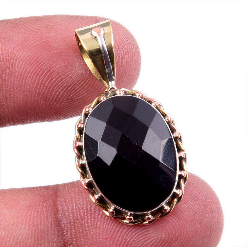 Natural Black Onyx Gemstone 925 Solid Sterling Silver TwoTone Pendant 1.25