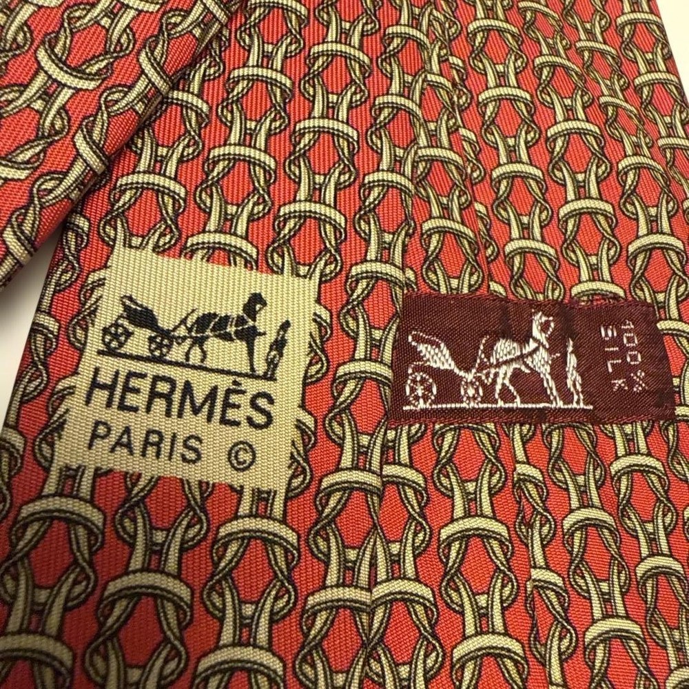 HERMES Necktie Tie Red Geometric Men's 100% Silk Made in France Authentic Used