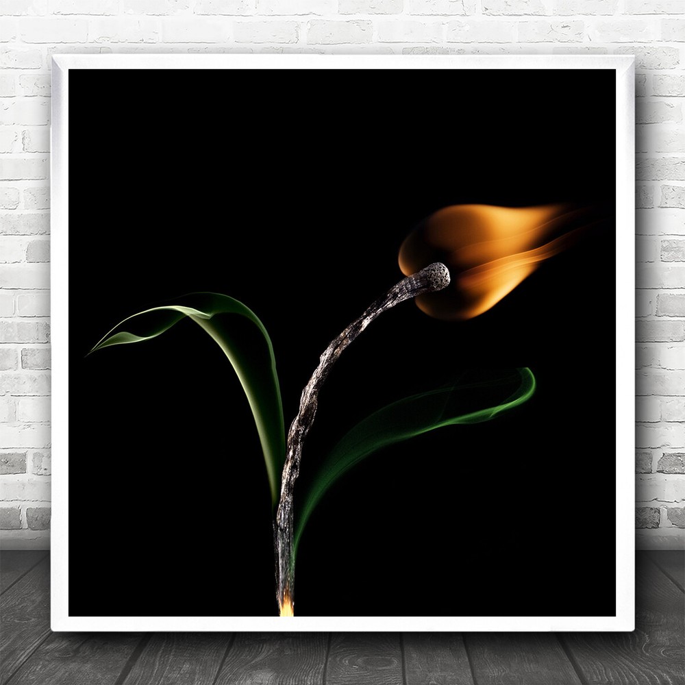 Green Square Fire Tulip Burning Match Flame Wall Art Print