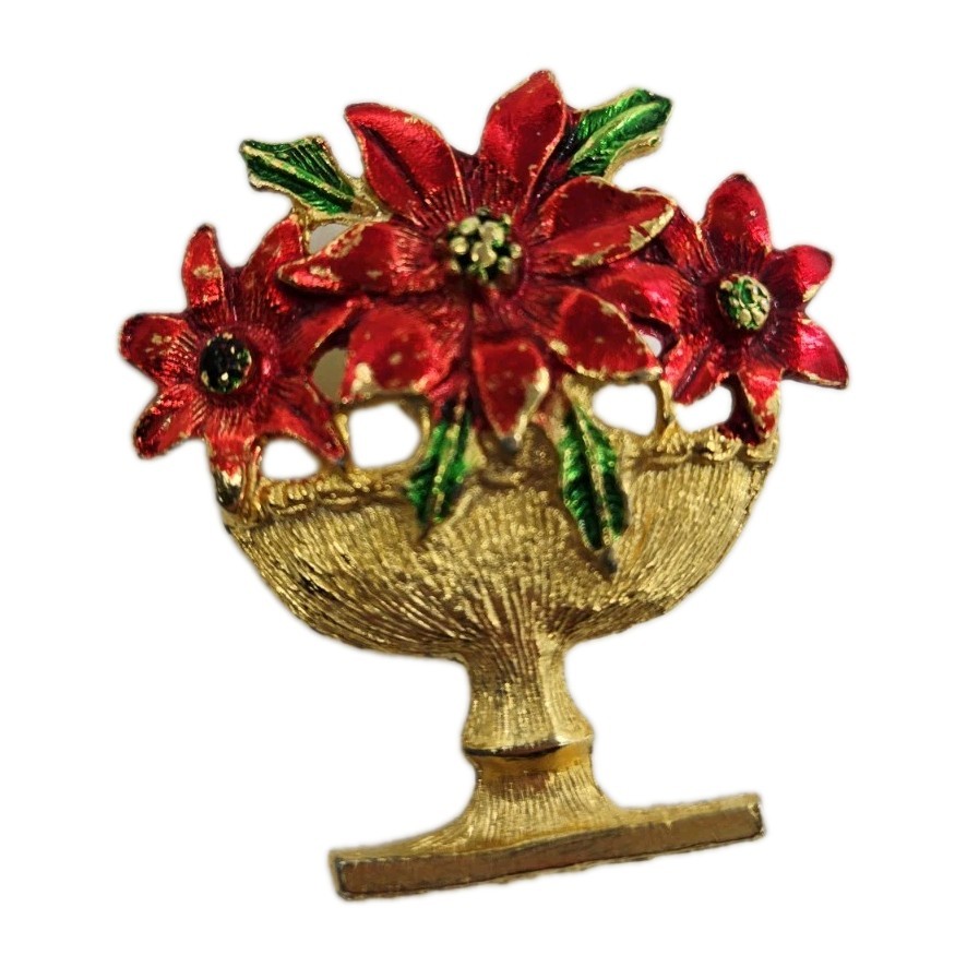 Poinsettia Brooch Bowl Christmas Flower Pin Vintage enamel Gold tone Centerpiece