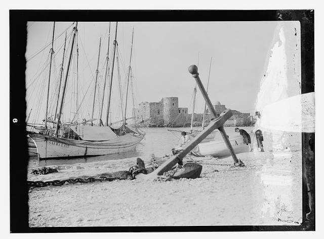 Photo:Sidon Lebanon 1920s Harbor Sailboats Fortress Waterfront