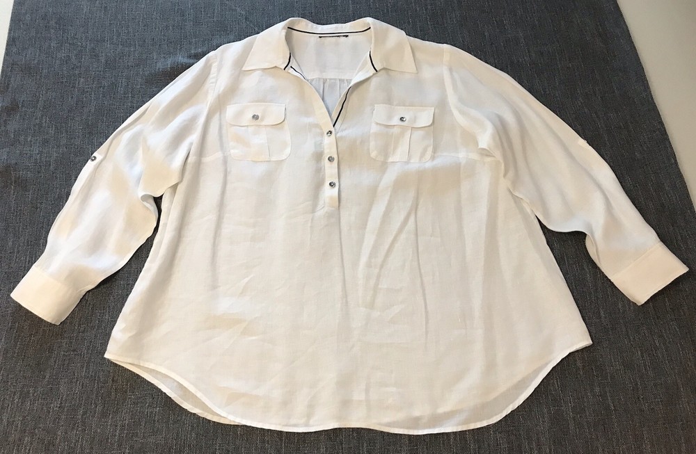 White Linen Tunic 1/3 Button Shirt Women 3X Boho Minimalist Lagenlook Blue Trim