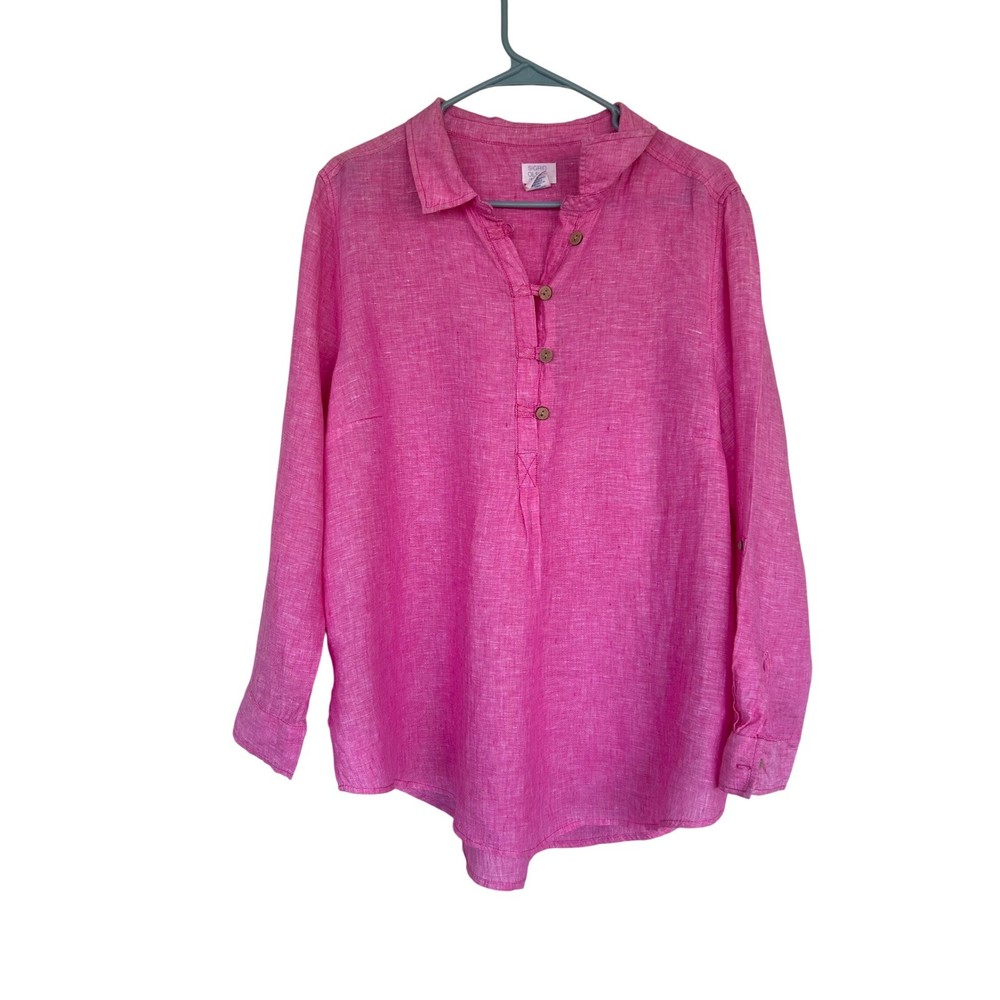 Sigrid Olsen Linen Tunic Women 1X Pink Henley Long Sleeve Collared Top RN75343