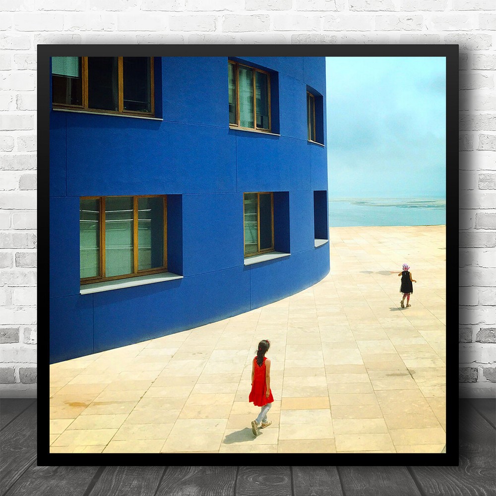 Concept Walking Friends Blue Building Beach View Square Wall Art Print
