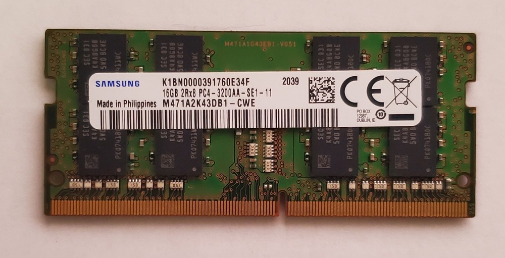 SAMSUNG 16GB DDR4 SODIMM 3200MHz 2Rx8 (M471A2K43DB1-CWE) TESTED