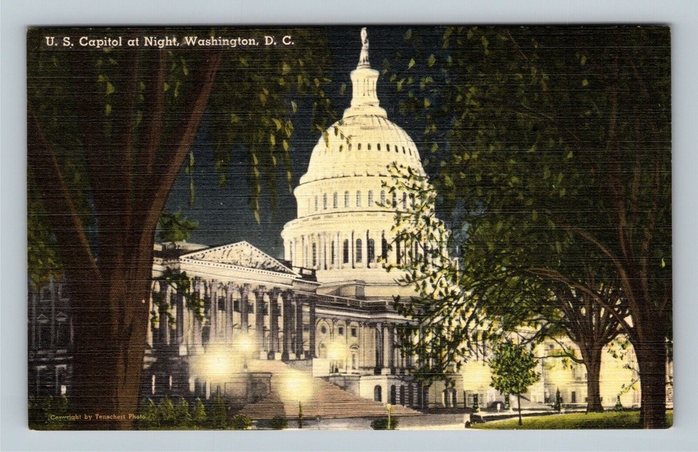 Washington, D.C., United States Capitol Building At Night Vintagec1944 Postcard