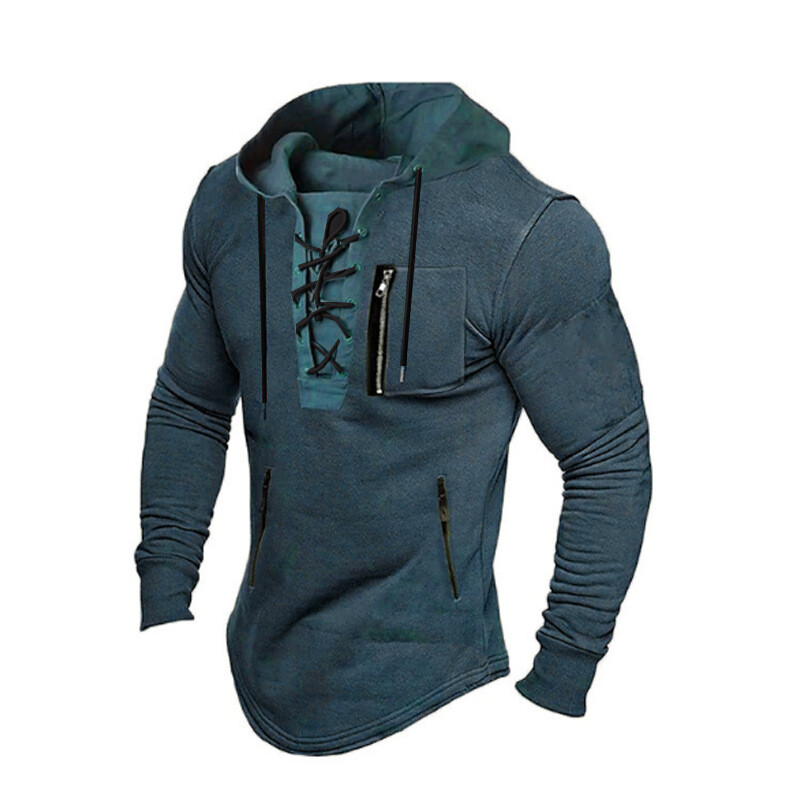 Mens Lace Up Hooded T-Shirt Tops Long Sleeve Sports Casual Muscle Slim Shirts