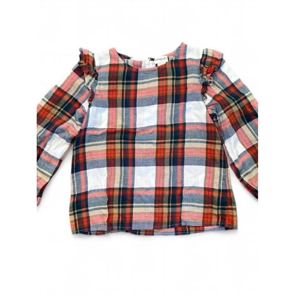 Crewcuts Girls Cotton Plaid Top Ruffle Shoulder Top Size 6-7 Red Blue Cream