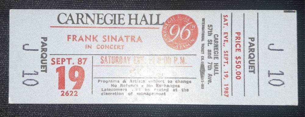 Frank Sinatra Carnegie Hall Concert 9/ 1987 Full Unused Ticket Near Mint - Blue
