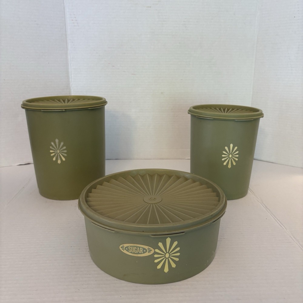 Vintage 1970’s Tupperware Green 3 Piece Nesting Canister Set w/Servalier Lids