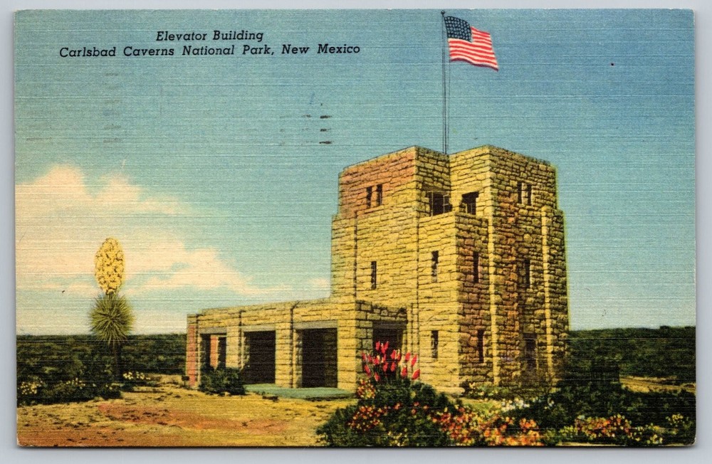 Vintage Linen Postcard Elevator Building Carlsbad Caverns NM