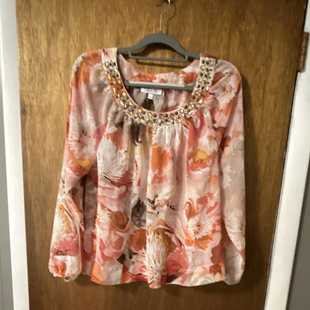 Jennifer Lopez Pink Orange White Floral Chiffon Beaded Scoop Neck Blouse L