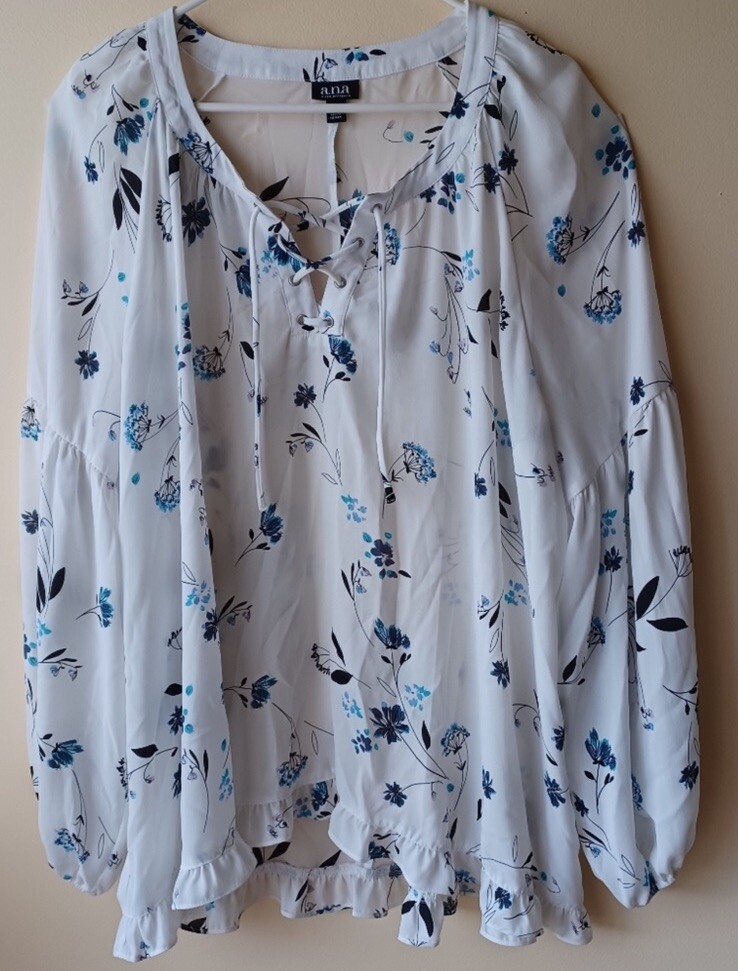 ANA Women's Floral Peasant Blouse with Balloon Sleeves & Ruffle Hem - Size L Oversized Fit