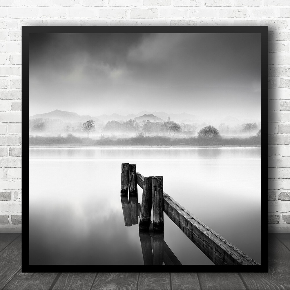 Fine Art Black White Landscape Lake Water Pier Seascape Square Wall Art Print