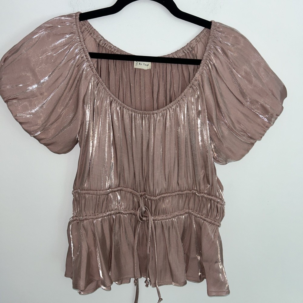 By Together Dusty Pink Women's M Puff Sleeve Smocked Tie Blouse Summer Light