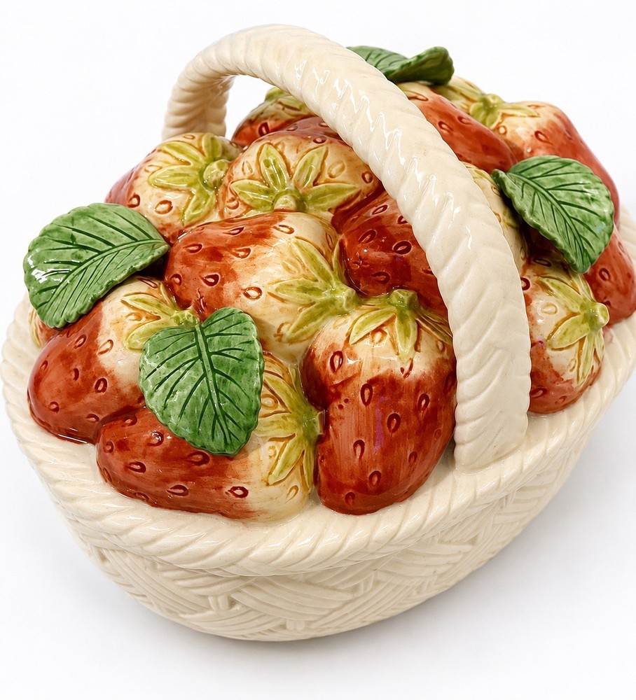 Fitz & Floyd Strawberry Basket Cookie Jar Canister1990 FF Lidded Ceramic Vintage