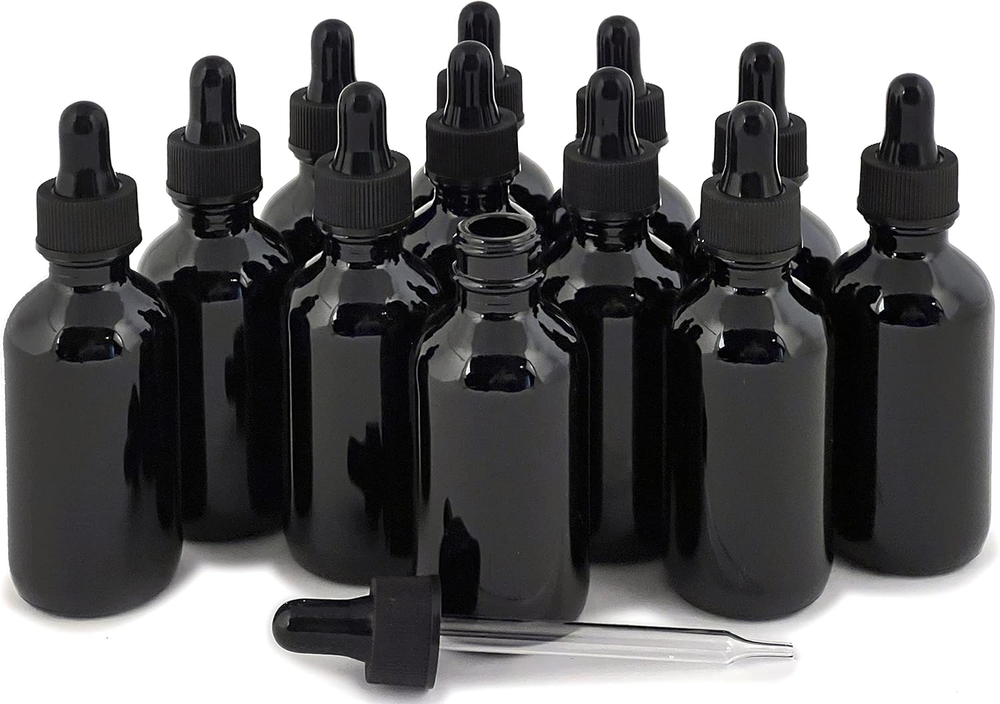 , 12, Black, 2 Oz Glass Bottles, with Glass Eye Droppers