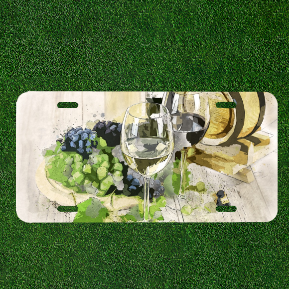 Custom Personalized License Plate Auto Tag With Two Glasses Of Wine And Fruit