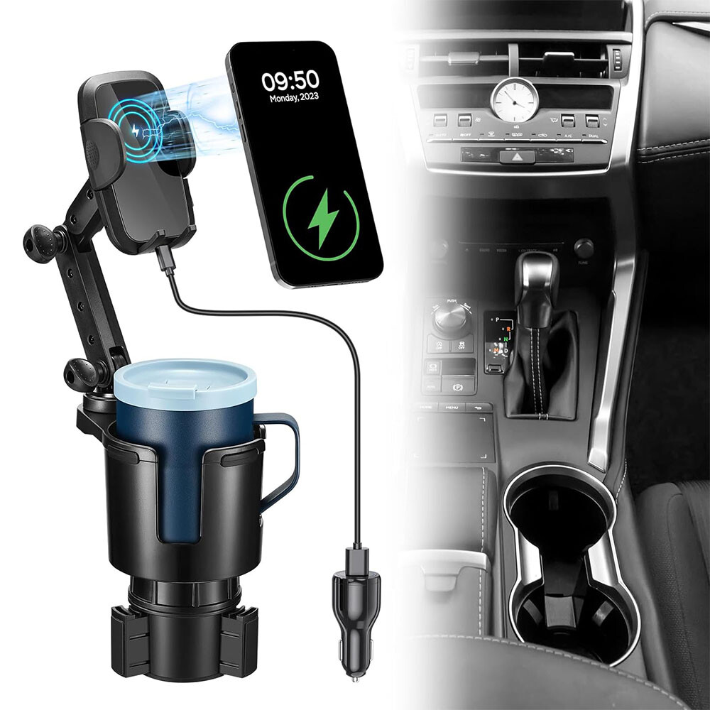 3-in-1 Car Wireless Charger Cup Holder, Upgrade 15W Charging w/Adjustable Base
