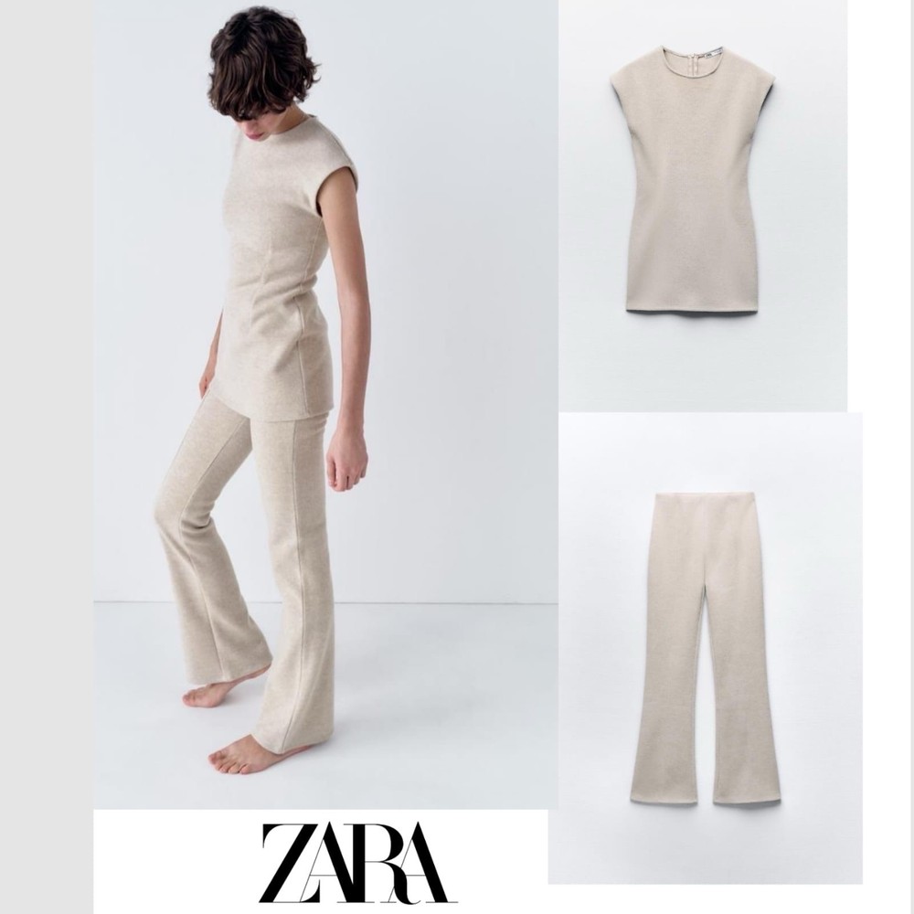 Zara Women’s Beige Ribbed Knit 2-Piece Set Top & Flared Pants Size S