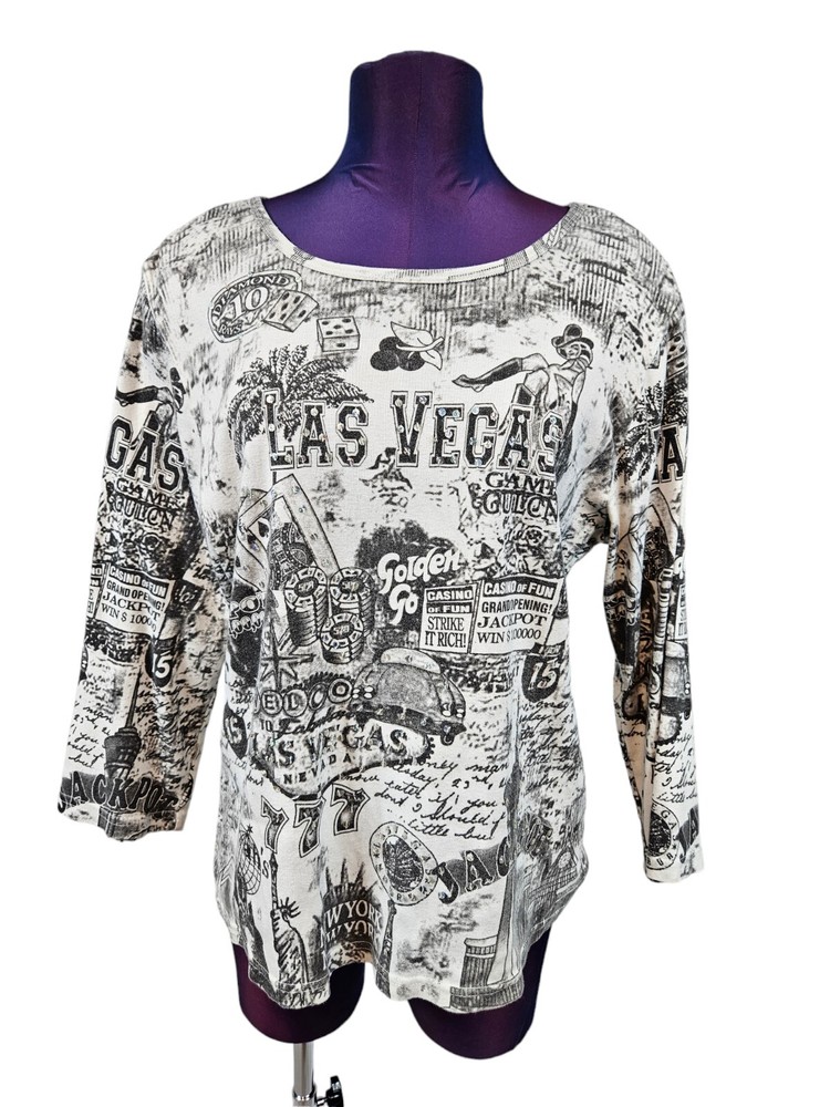 Take Two Black & White Las Vegas Tattoo 3/4 Sleeve Top Size XL Women's P55