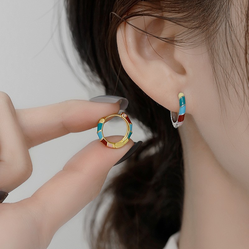 925 Silver Enamel Geometric Huggie Hoop Earrings for Women 15mm Retro Gift K62