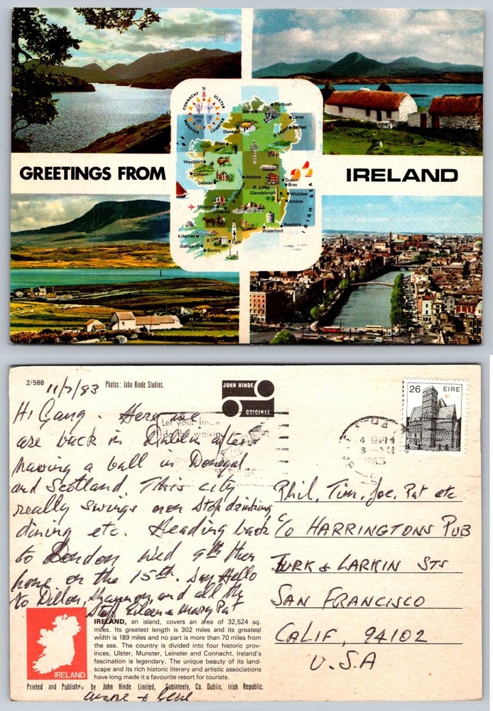 1983 Greetings From Ireland Postcard John Hinde Multi-View Dublin Map Donegal