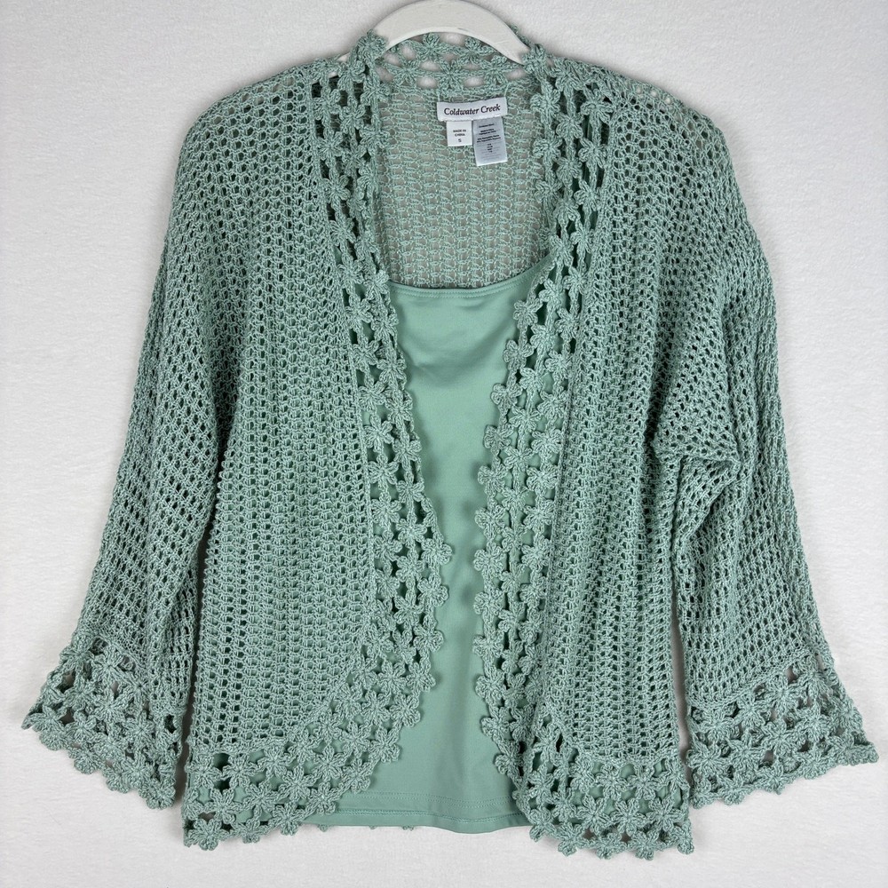 Coldwater Creek Sage Green Open Front Crochet Cardigan w/ Tank Top Women's Small