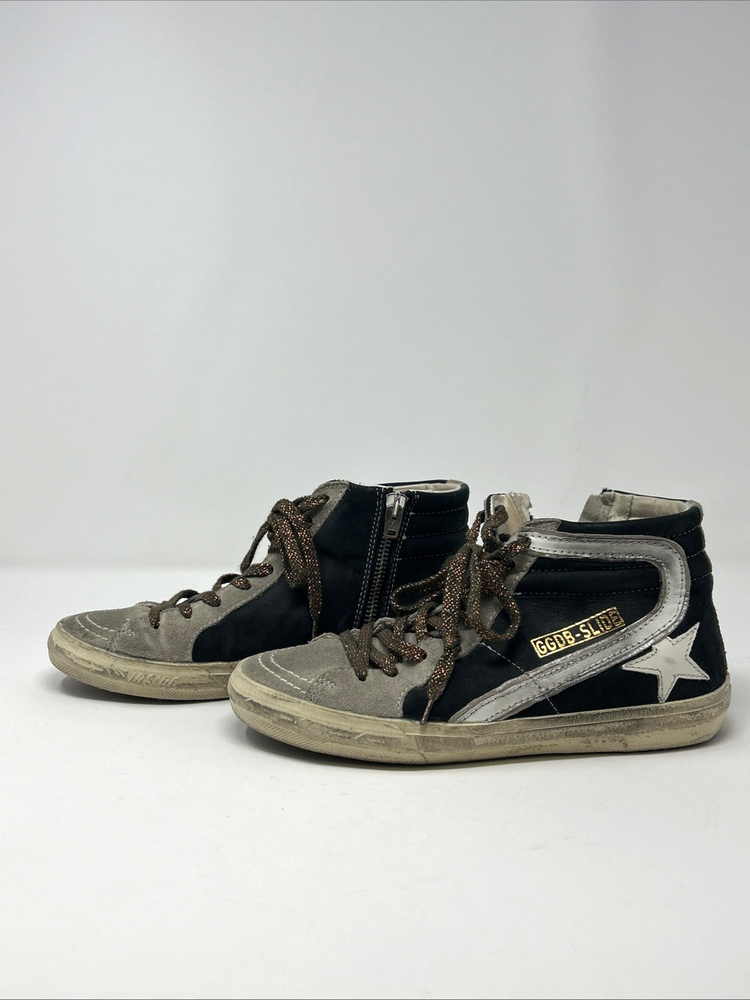 GOLDEN GOOSE GGDB SLIDE Black/White/Grey Suede Sneakers Gold Laces EU:37 US:7
